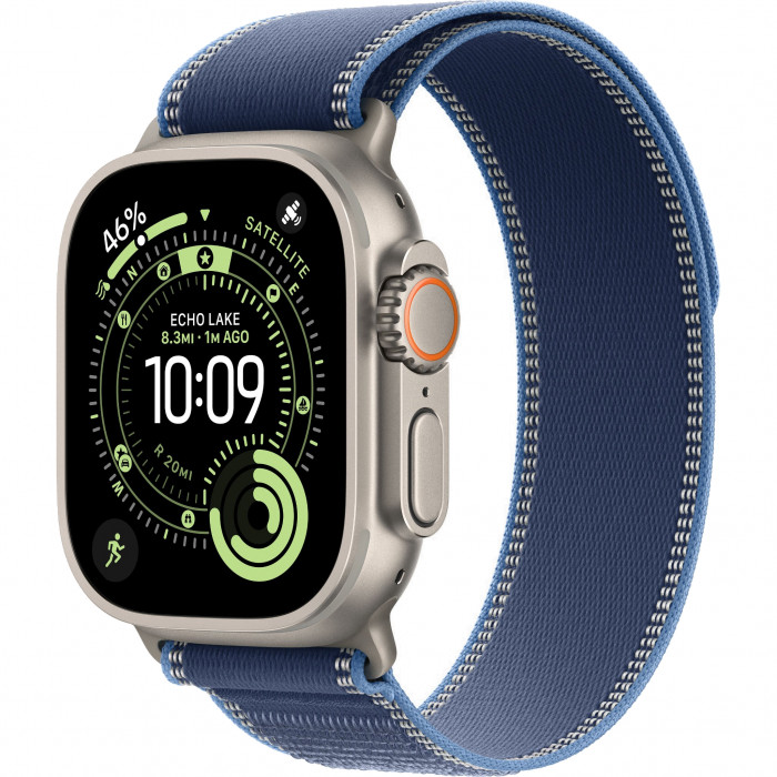 Apple Watch Ultra 3 49mm, Natural Titanium, Trail Loop Blue/Bright Blue, S/M